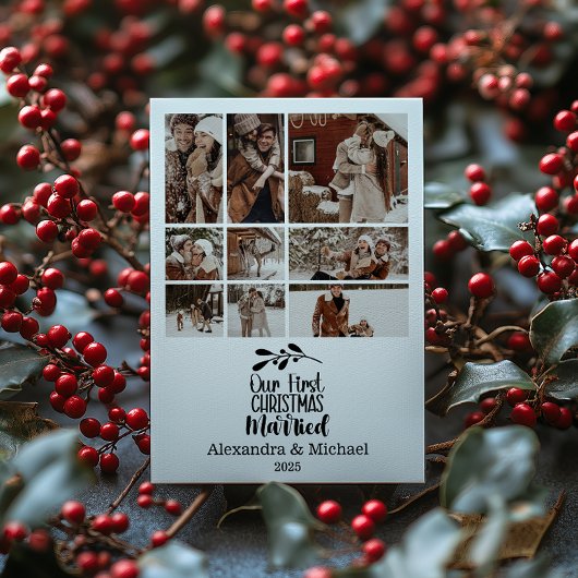 9 Photo Minimialist Our First Christmas Married シーズンカード