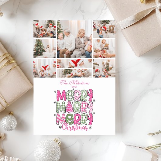9 Photo Pink Green Merry Christmas Holiday シーズンカード