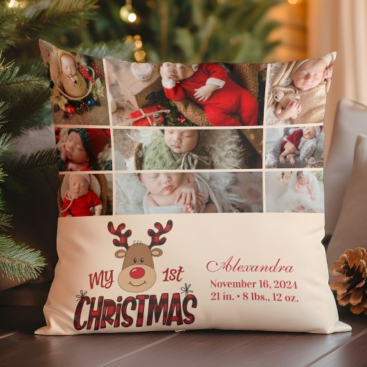 9 Photo Plaid Reindeer Baby First Christmas  クッション