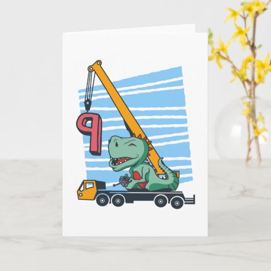 9 years 9th Birthday Mobile Crane Dinosaur カード (黄色い花)