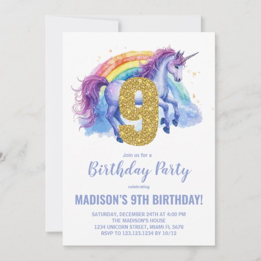 9thレインボーユニコーン誕生日招待状 招待状 (正面)