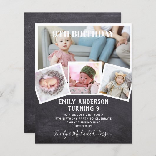 9TH誕生日フォトコラージュ招待状ボーイガールミックスミックス (正面/裏面)