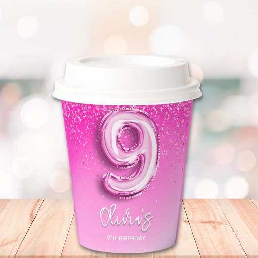 9th Birthday Gir - with Pink Number Balloon 紙コップ