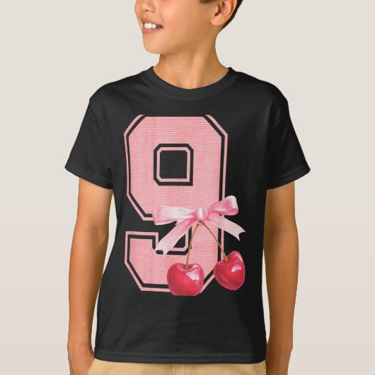 9th Birthday Girl Cherry Coquette Bow 9 Year Old G Tシャツ (正面)