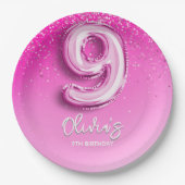 9th Birthday Girl with Number Balloon Party ペーパープレート (正面)