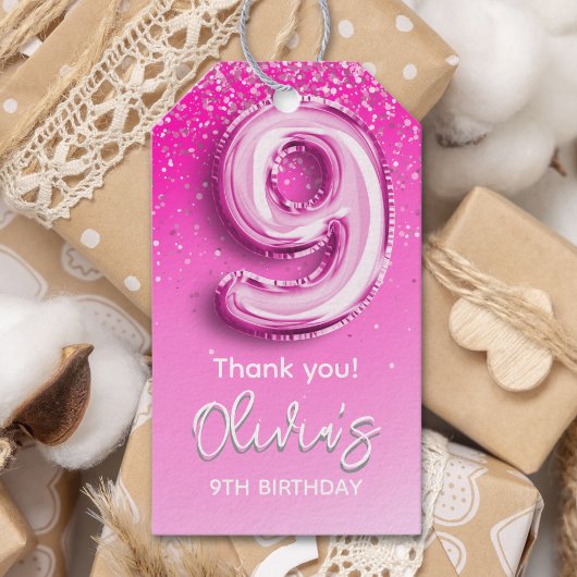 9th Birthday Girl with Pink Number Balloon ギフトタグ