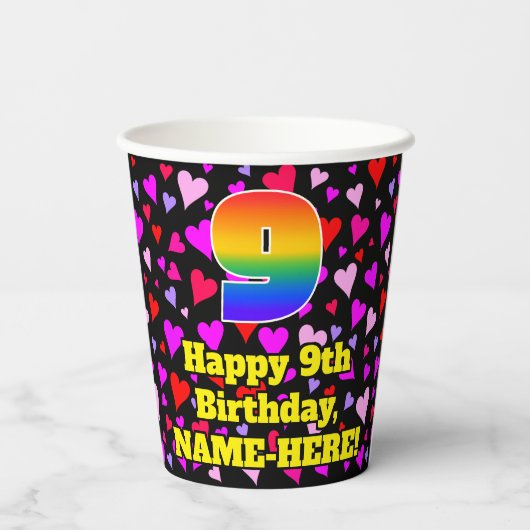 9th Birthday: Loving Hearts Pattern, Rainbow 9 紙コップ (裏面)