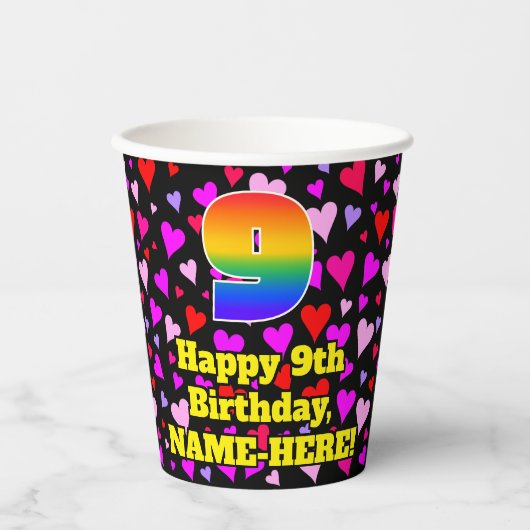 9th Birthday: Loving Hearts Pattern, Rainbow 9 紙コップ (正面)
