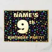 9th Birthday Party —おもしろいカラフル、Stars Pattern 箔招待状 (正面)