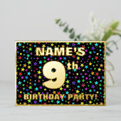9th Birthday Party —おもしろいカラフル、Stars Pattern 箔招待状 (立ち正面)
