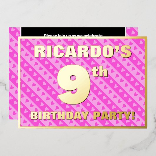9th Birthday Party —おもしろいピンクのハートとストライプ 箔招待状 (正面/裏面)