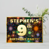 9th Birthday Party —おもしろい、カラフルFireworks Look 箔招待状 (立ち正面)