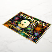 9th Birthday Party —おもしろい、カラフルFireworks Look 箔招待状 (回転した状態)