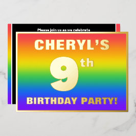 9th Birthday Party:おもしろい、レインボーカラフルパターン 箔招待状