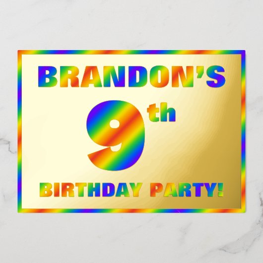 9th Birthday Party —おもしろい, Rainbow Spectrum "9" 箔招待状 (正面)