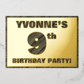 9th Birthday Party — はっきりしたWood Grainフェイク文字 箔招待状 (正面)