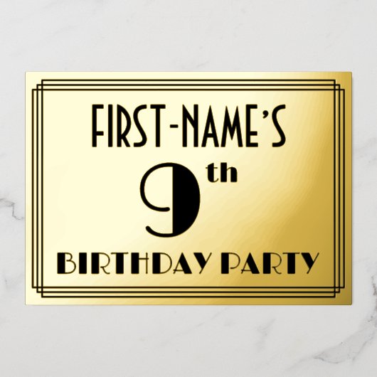 9th Birthday Party —アールデコ検索「9」 +名前 箔招待状 (正面)