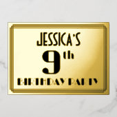 9th Birthday Party:アールデコ「9」と名前 箔招待状 (正面)