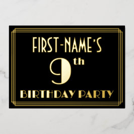 9th Birthday Party:アールデコ「9」、名前つき 箔招待状
