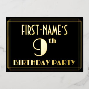 9th Birthday Party:アールデコ「9」、名前つき 箔招待状