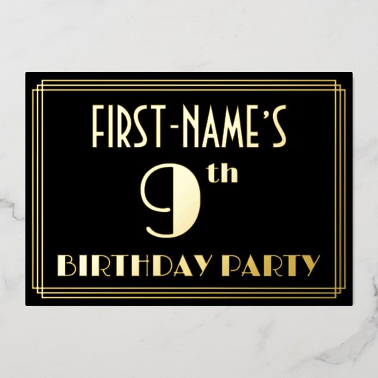 9th Birthday Party:アールデコ「9」、名前つき 箔招待状 (正面)