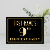 9th Birthday Party:アールデコ「9」、名前つき 箔招待状 (立ち正面)