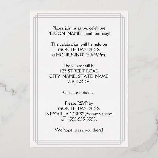 9th Birthday Party – スクリプエレガントト+名前をカスタムする 箔招待状 (裏面)