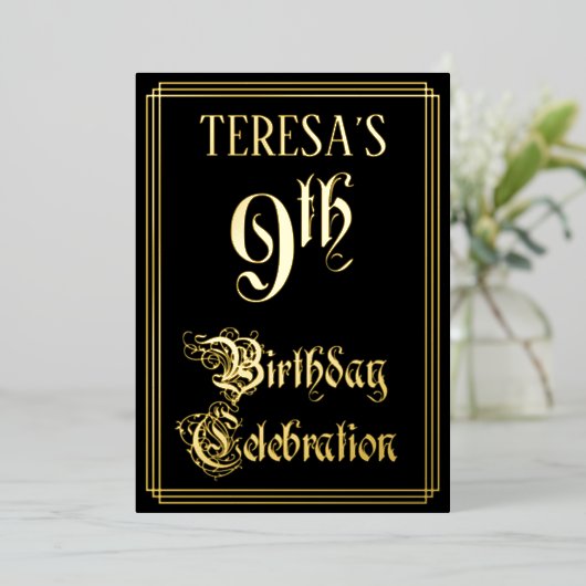 9th Birthday Party – スクリプファンシートと名前をカスタムする 箔招待状 (立ち正面)