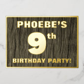 9th Birthday Party: Bold, Faux Wood Grain Pattern 箔招待状 (正面)