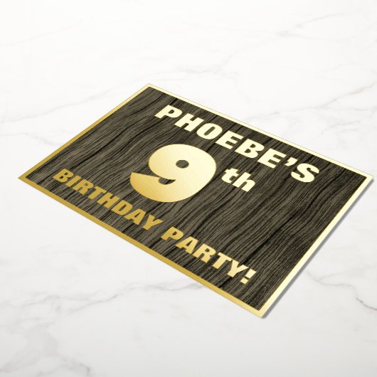 9th Birthday Party: Bold, Faux Wood Grain Pattern 箔招待状 (回転した状態)