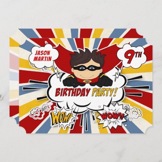 9th Birthday Party Boys Superhero Red漫画 招待状 (正面/裏面)