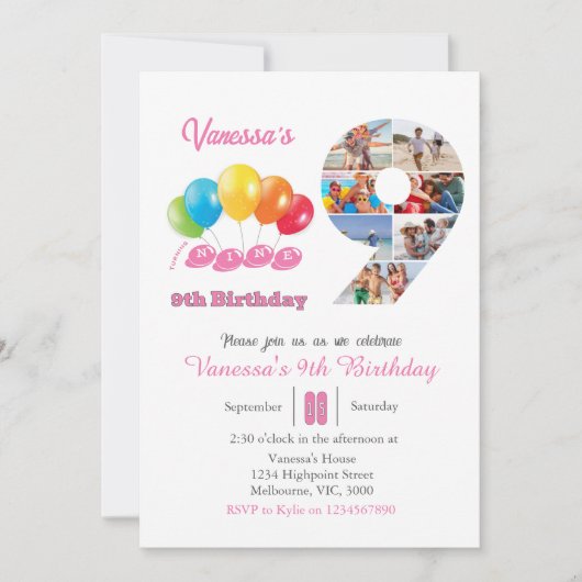 9th birthday photo collage number 9女の子 招待状 (正面)