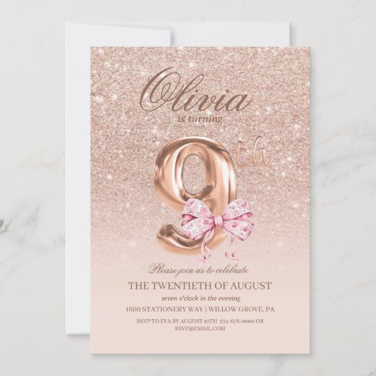 9th Birthday Rose Pink Gold  Bow Birthday Party  招待状 (正面)