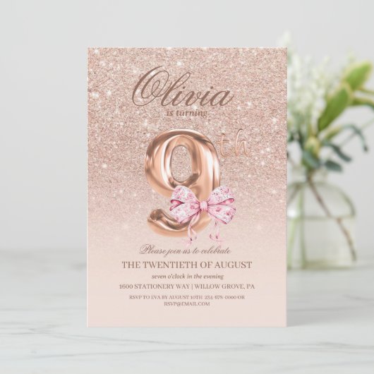 9th Birthday Rose Pink Gold  Bow Birthday Party  招待状 (スタンド正面)