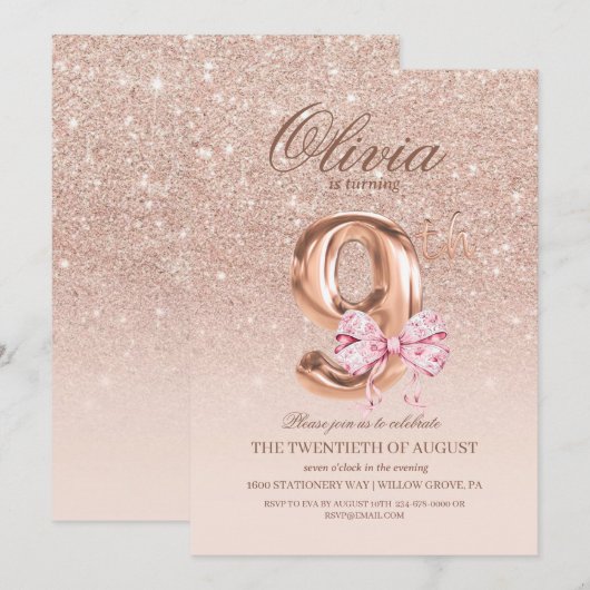 9th Birthday Rose Pink Gold  Bow Birthday Party  招待状 (正面/裏面)