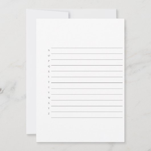 AからZのヴィノ・ビフォア・バウズ ブライダルシャワーのゲーム 招待状 (裏面)