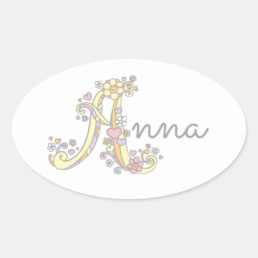 Aで始まる名前のラベル「Anna」 楕円形シール (正面)