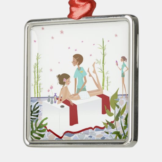 aにあっている女性をマッサージしているマッサージセラピスト メタルオーナメント (左)