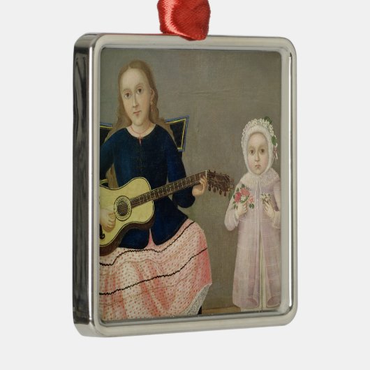 aのギターそして子供を持つ若い女の子 メタルオーナメント (右)