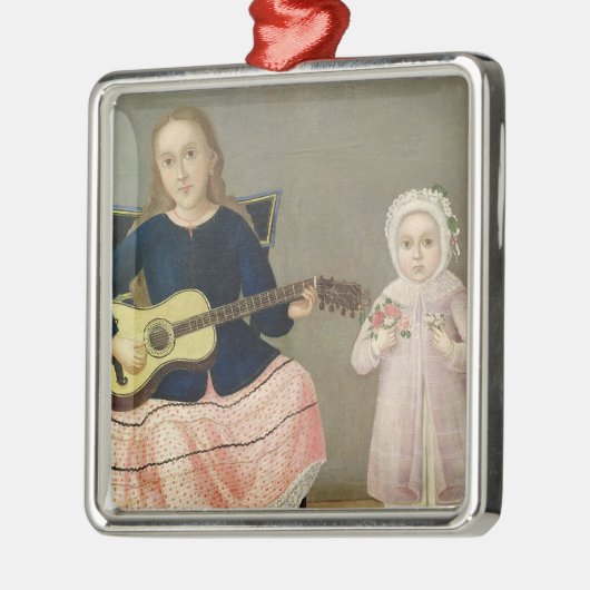 aのギターそして子供を持つ若い女の子 メタルオーナメント (左)