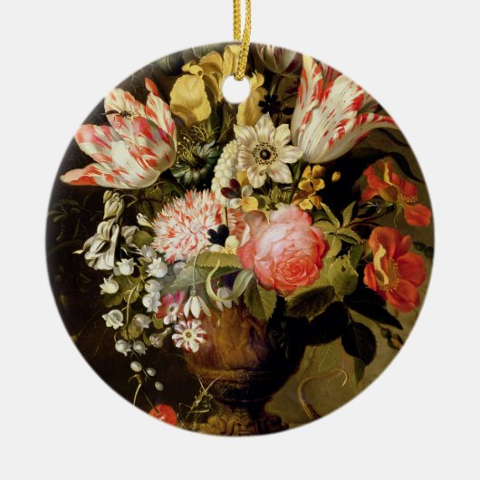 aのトカゲが付いているつぼの花の静物画 セラミックオーナメント (正面)