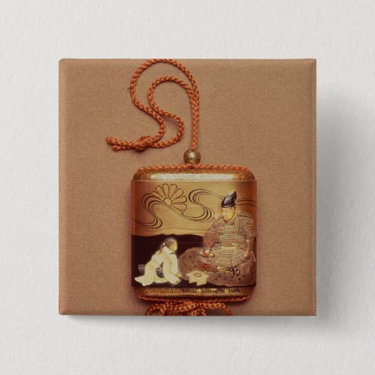 aの前にひざまずいている使用人を示しているInro 缶バッジ (正面)