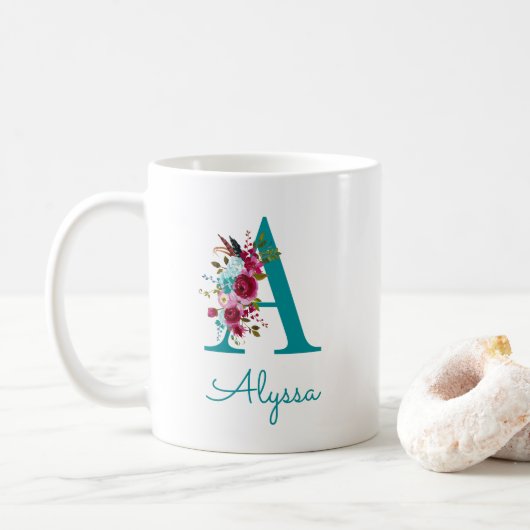 Aの文字のターコイズピンクフラワー コーヒーマグカップ (ドーナツ)