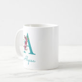 Aの文字のターコイズピンクフラワー コーヒーマグカップ (正面左)