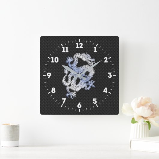aの黒いスネークスキンのプリントのクロムスタイルのドラゴン スクエア壁時計 (ホーム)