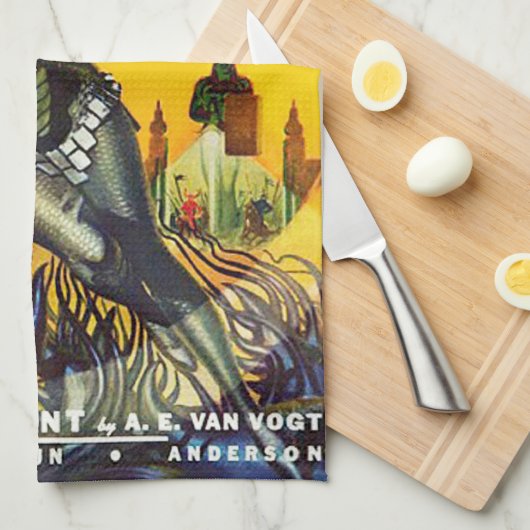 Aの50年代のサイファイのパルプ書のデザインをカバーして下さい キッチンタオル (四つ折り)