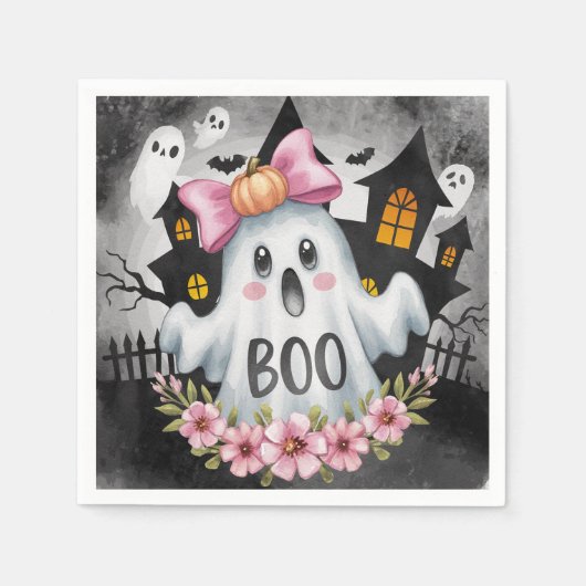 Aカード付きハロウィーンカードかわいい幽霊 スタンダードカクテルナプキン (正面)