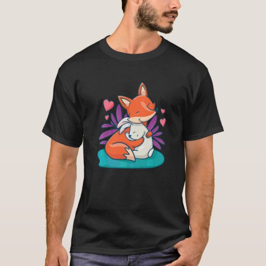 Aキツネとバニーハギングイースターキツネバニーハグ Tシャツ (正面)