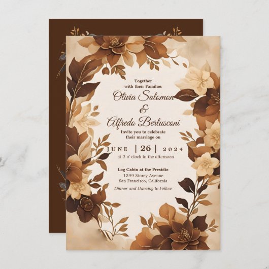 Aコーヒー&クリーム秋フローラテーマ結婚 招待状 (正面/裏面)