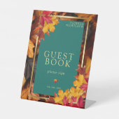 Aティール（緑がかった色）&秋ファンタジー金ゴールド素朴ウェッドゲストブック 台座サイン (正面)